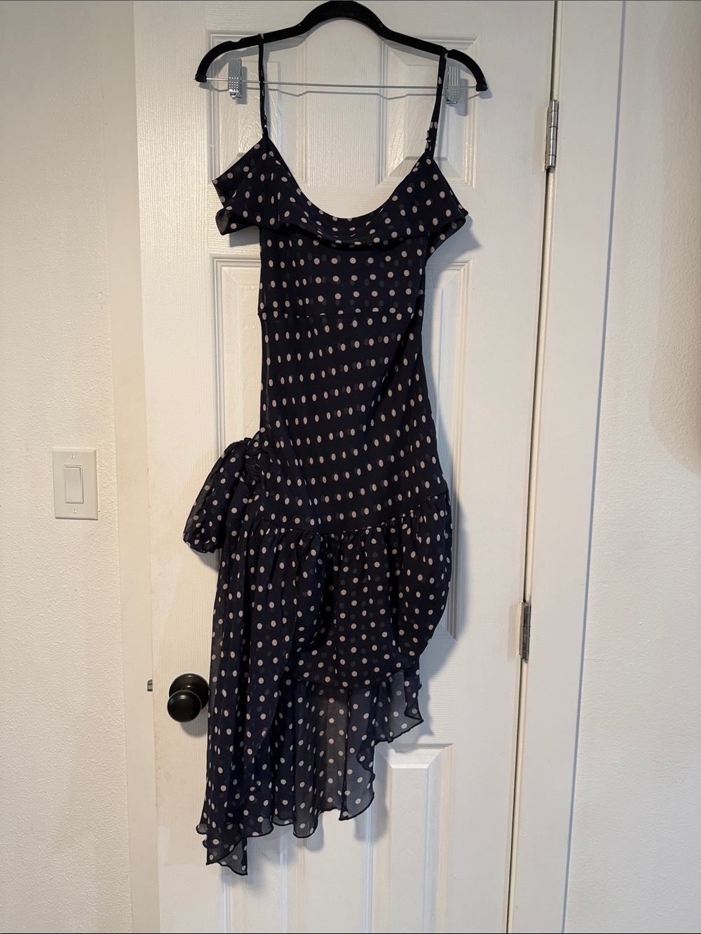 Navy Polka Dot Ruffle Dress With Side Tie